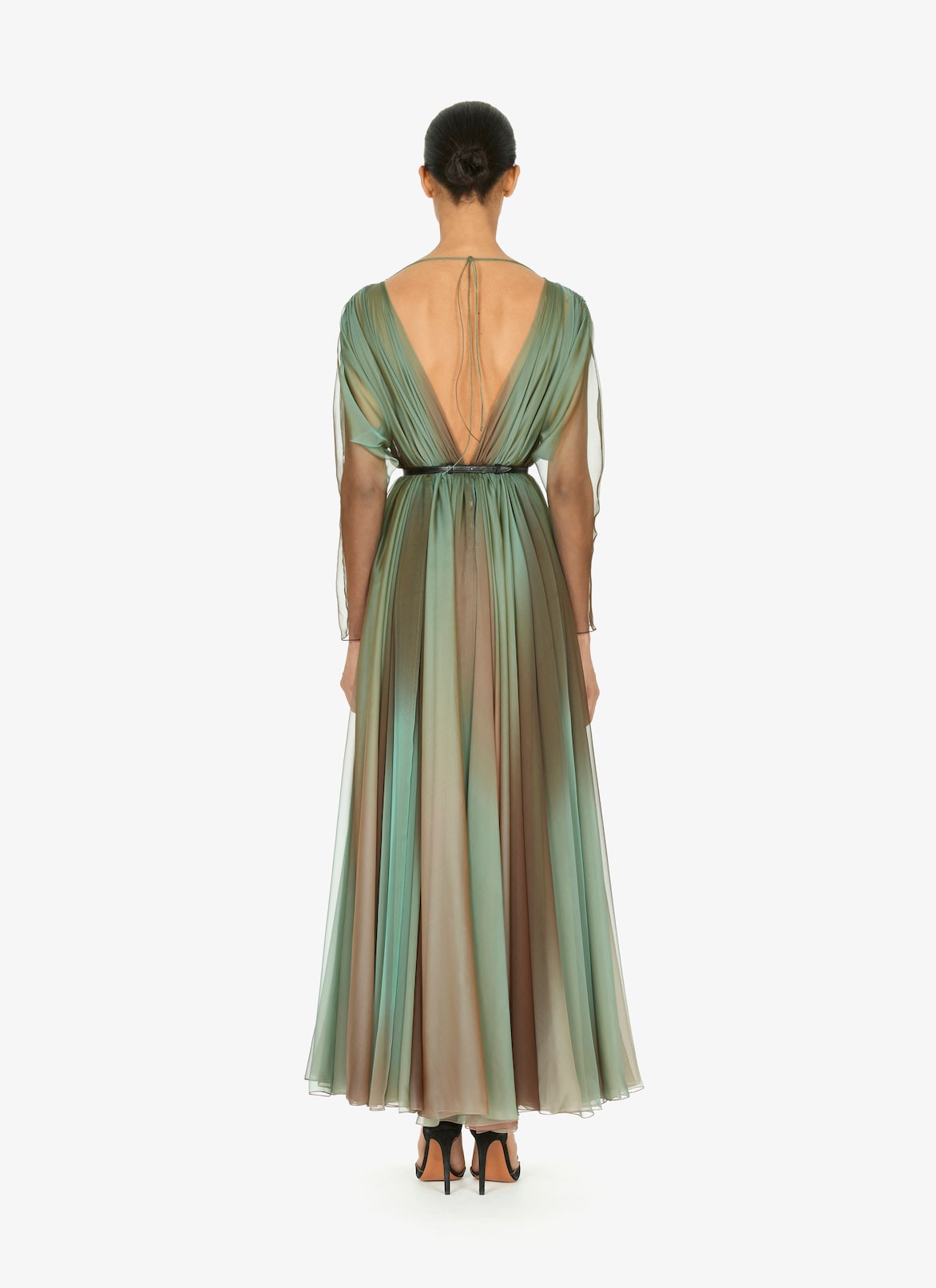 Pleated silk chiffon dress with open back ALAÏA LAGOON BLUE PLEATED SILK CHIFFON DRESS WITH OPEN BACK